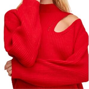 ASTR THE LABEL Left Shoulder Cutout Cozy Mock  Neck Sweater Red Xl